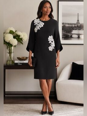 Rickie Freeman Teri Jon Lace Floral Appliqué Black Knee Length Dress Women's 14